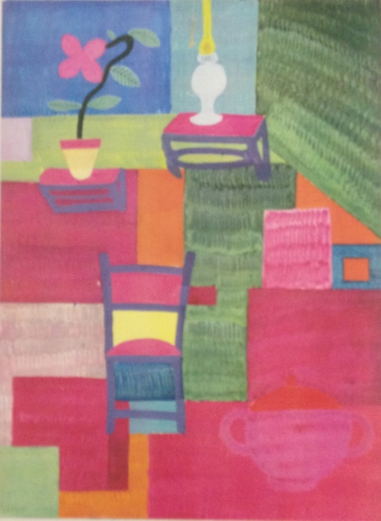 Farbiges Zimmer mit Petrollampe und Blume, Filzstift